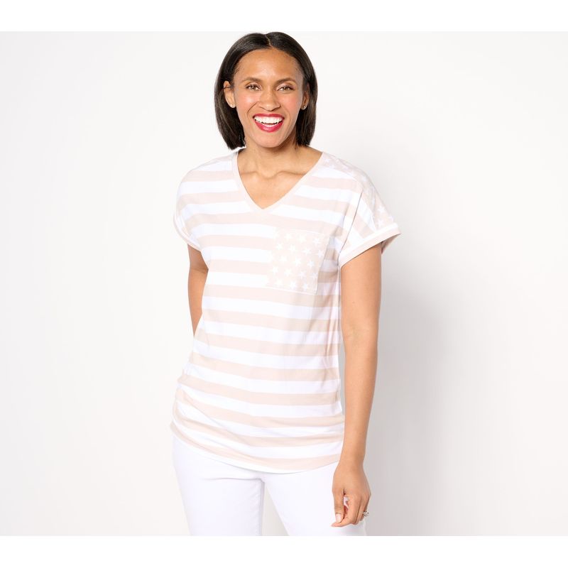 Gloria Vanderbilt Women's Top Sz L Denim & Co. Americana Printed White A649418